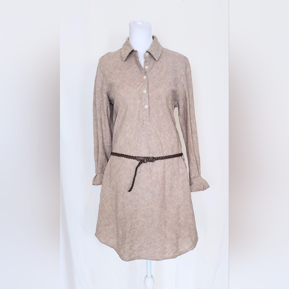 Freedom Trail by KYODAN Roll Tab Sleeve Linen Blend Shirt Dress Tan Size Small